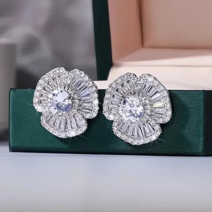Geometric Cubic Zirconia Petal Stud Earrings Bling Wedding Jewelry