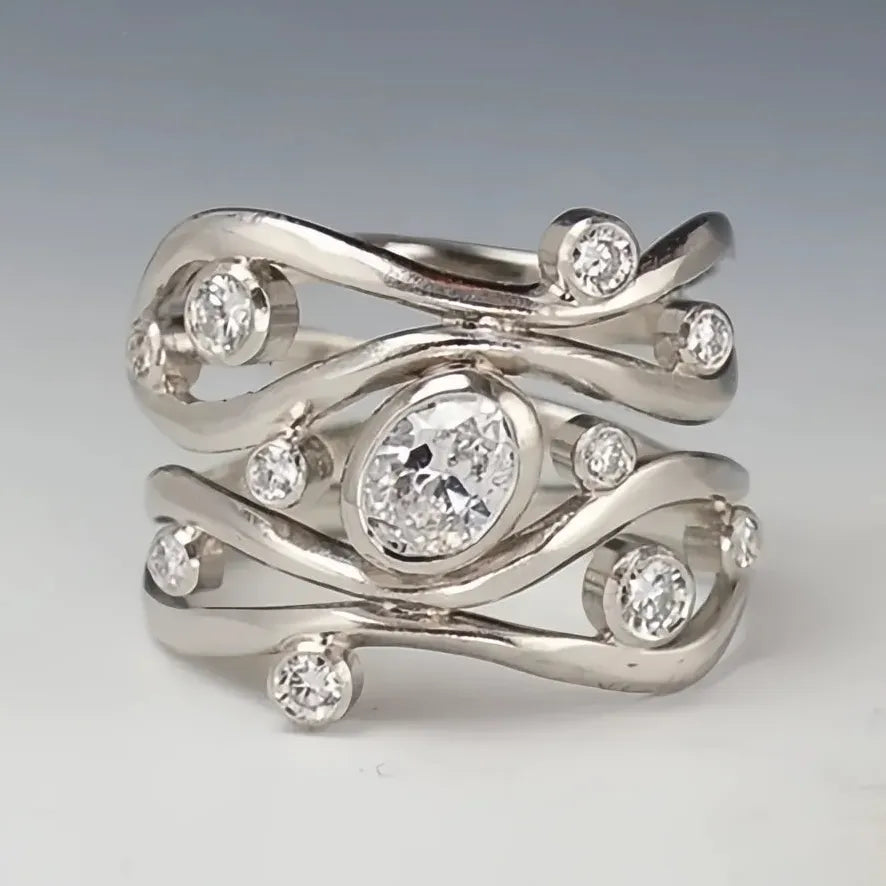 Brass Geometric Hollow-Out Band Ring with Cubic Zirconia for Women