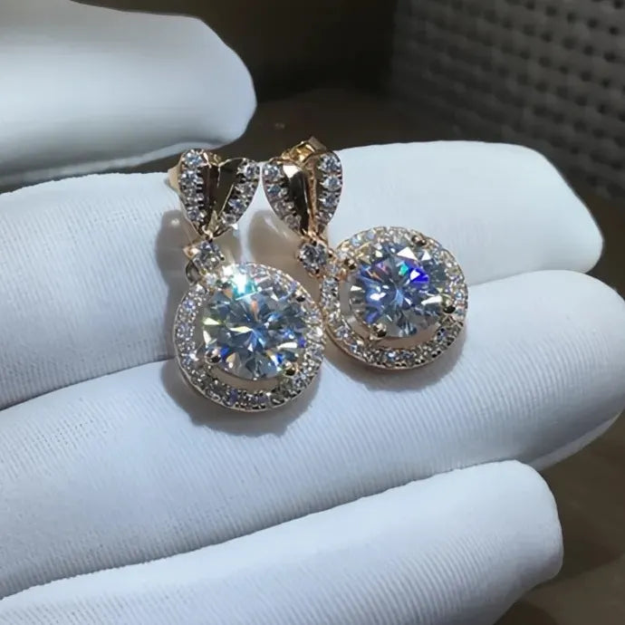 Gold Heart Copper Alloy Stud Earrings with Large Round CZ Pendant for Women