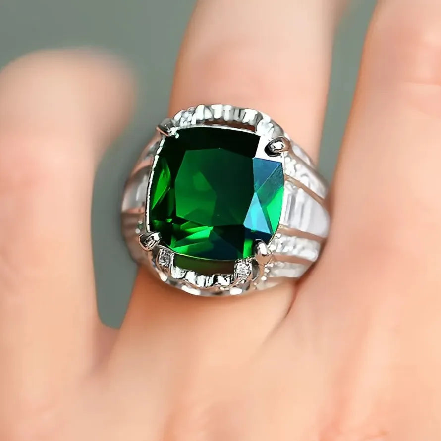 Square Green Stone Women Wedding Ring Micro Paved CZ Brass Engagement Jewelry