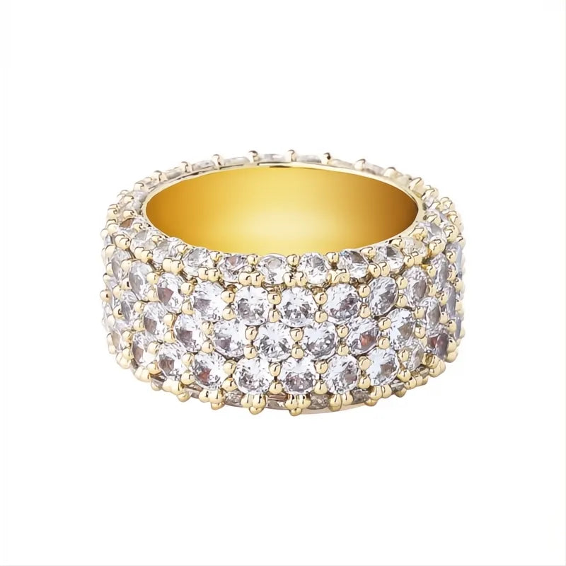 5 Row Iced Out CZ Bling Ring – Gold Silver Color Hip Hop Ring for Men