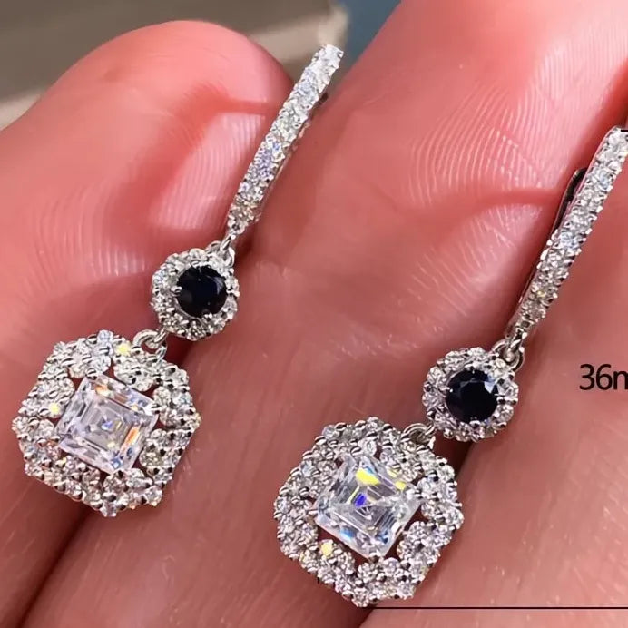 Geometric Drop Earrings for Women with Cubic Zirconia Black White