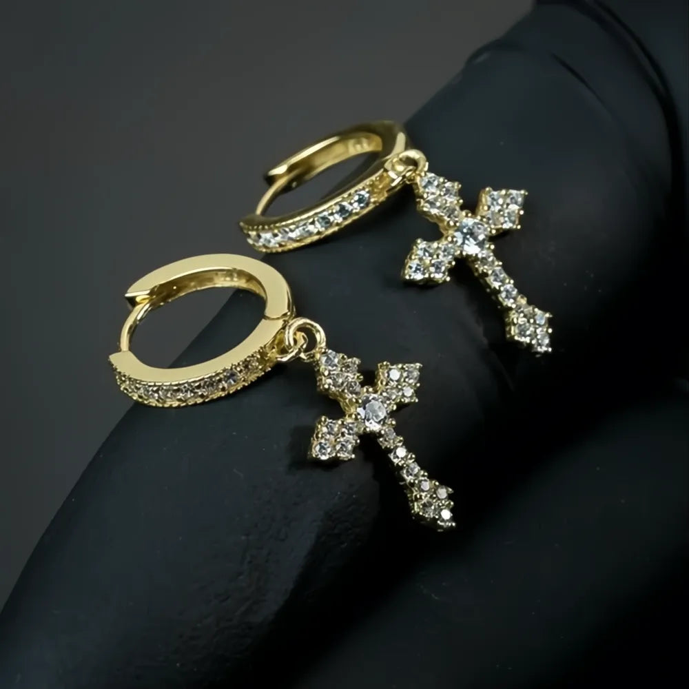 Stylish Arrow Cross Drop Earrings Unisex Cubic Zirconia Crystal Hiphop Fashion Jewelry