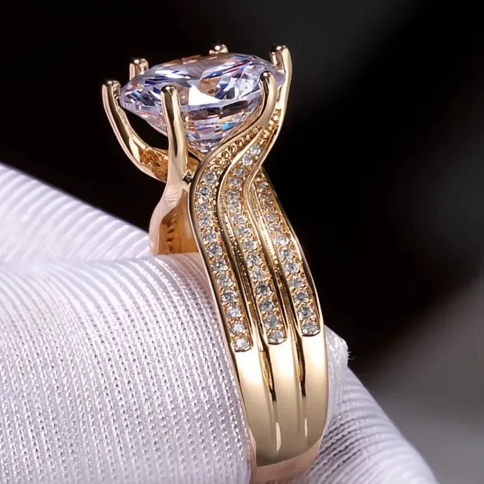 12MM Cubic Zirconia Geometric Bridal Wedding Engagement Ring Gold Brass