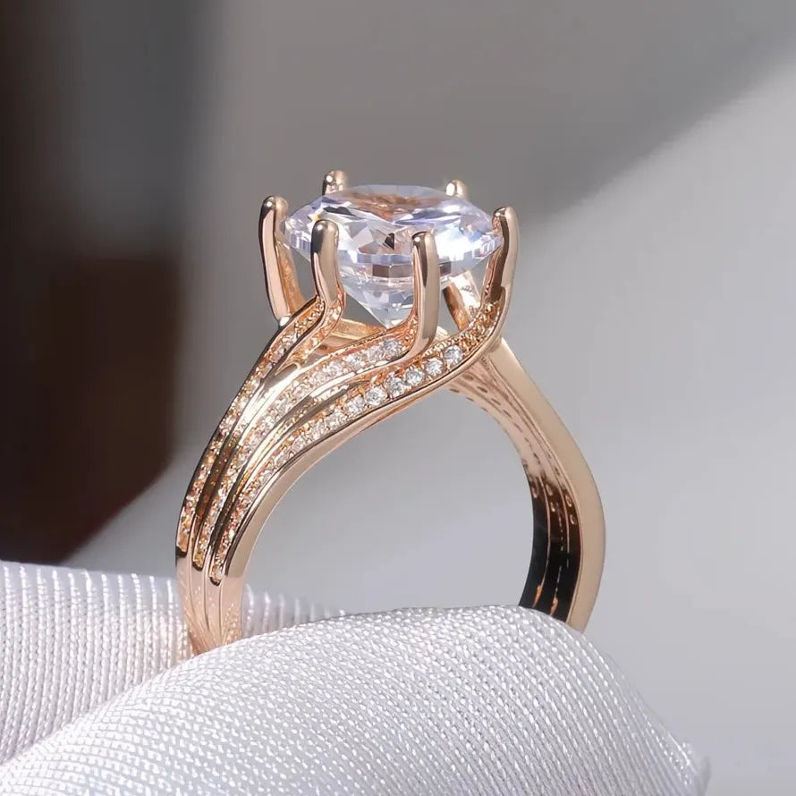 12MM Cubic Zirconia Geometric Bridal Wedding Engagement Ring Gold Brass