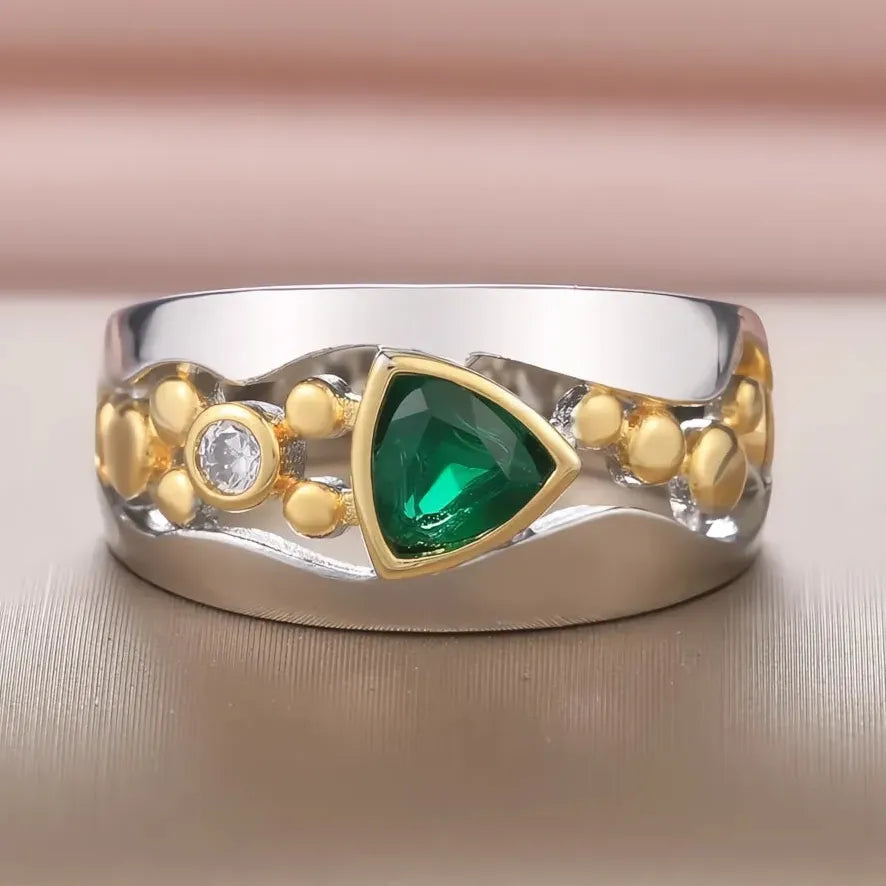 Women’s Fashion Triangular Green Stone Ring Brass Cubic Zirconia Anniversary Gift