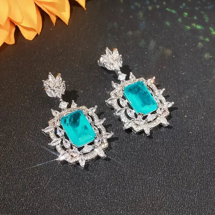 Green Geometric Copper Alloy CZ Dangle Earrings Cubic Zirconia Jewelry