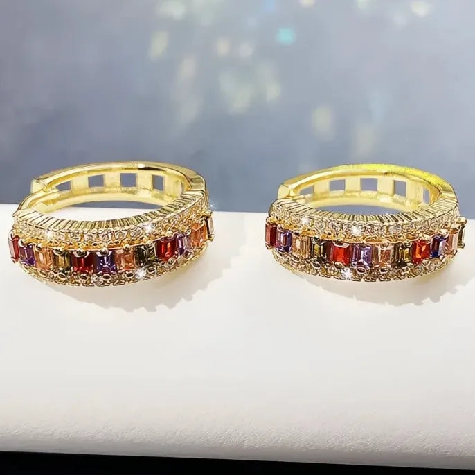 Luxury Rainbow Rectangular Cubic Zirconia Copper Alloy Hoop Earrings