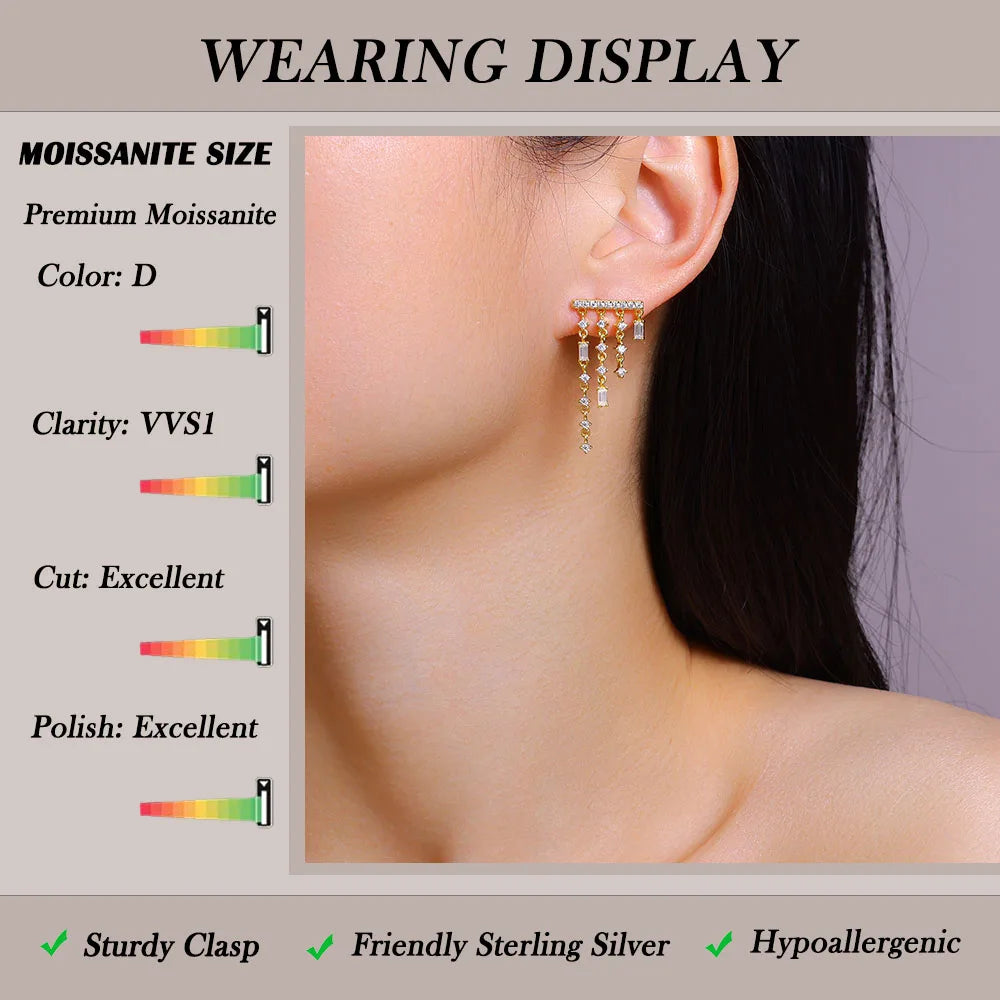 1.302CTW Moissanite Tassel Stud Earrings 925 Sterling Silver 18K Gold Plated Jewelry