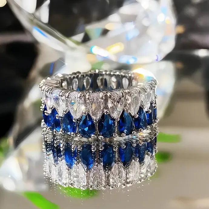 2021 Trendy Women's Silver Wedding Band Blue Green Pink CZ Geometric Ring