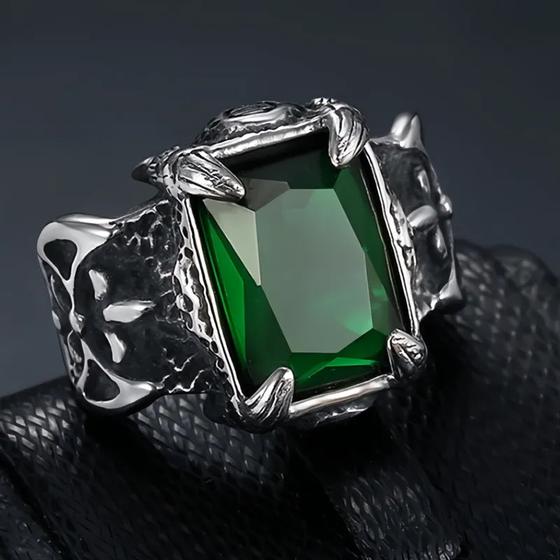 Men's Stainless Steel Viking Dragon Claw Ring with Large Zircon Stone Nordic Axe Punk Biker Jewelry