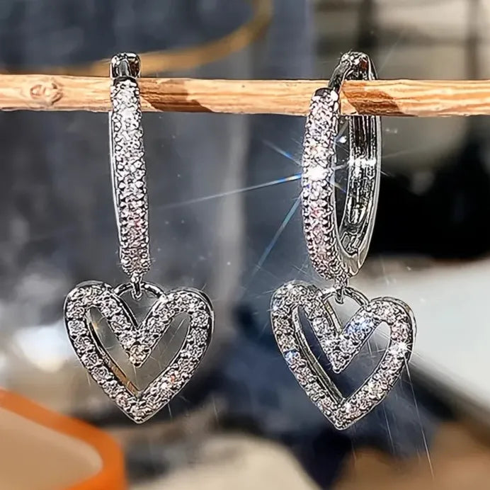 Heart Dangle Earrings with Shiny CZ Stone Korean Fashion Jewelry for Women