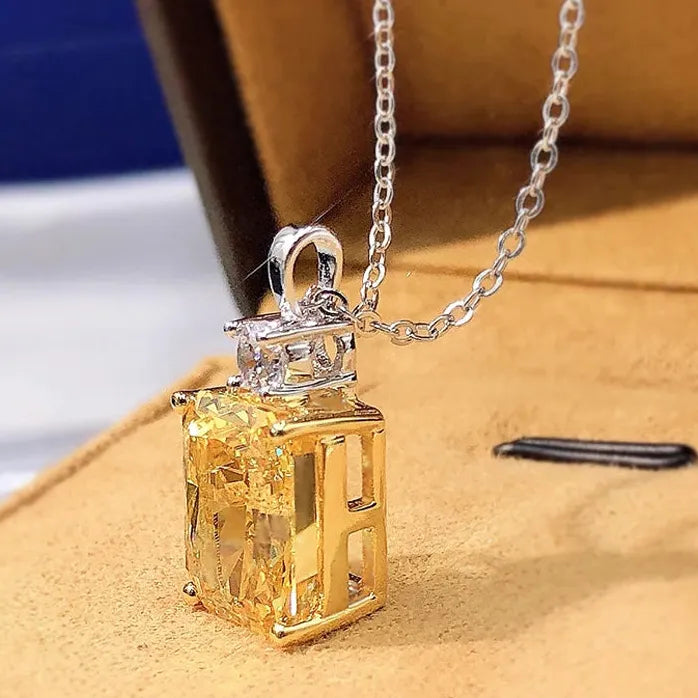 Yellow Square Cubic Zirconia Pendant Necklace Brass Engagement Gift