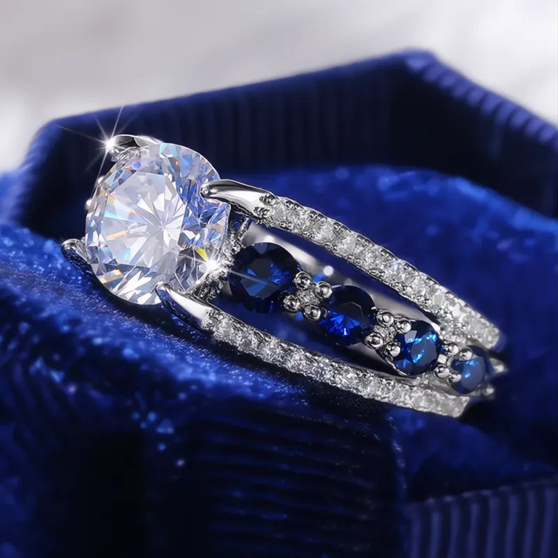 Special-interest Wedding Rings for Women Blue White Round CZ Brass Trendy Party Jewelry Gift