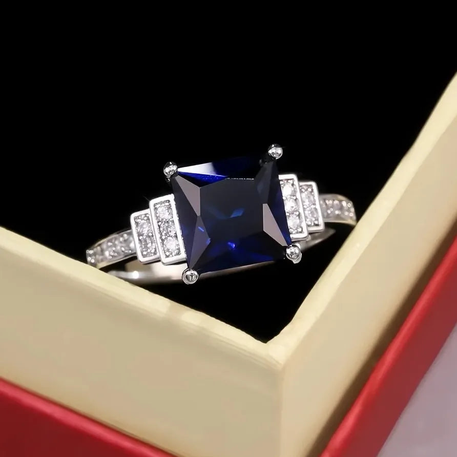 Vintage Blue Square Cut Zircon Women's Wedding Ring with Four Claw Design