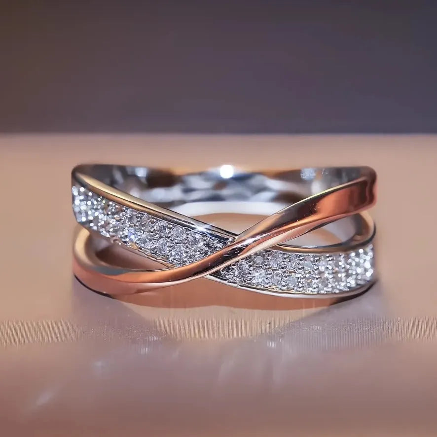 Newest Fresh Two Tone X Shape Cross Ring for Women Wedding Trendy Brass CZ Stone Large Modern Jewelry