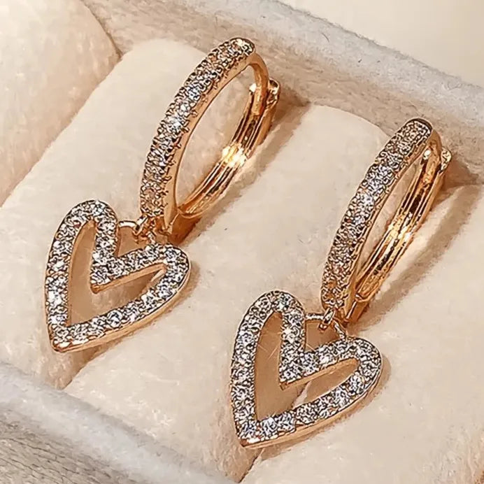 Heart Dangle Earrings with Shiny CZ Stone Korean Fashion Jewelry for Women