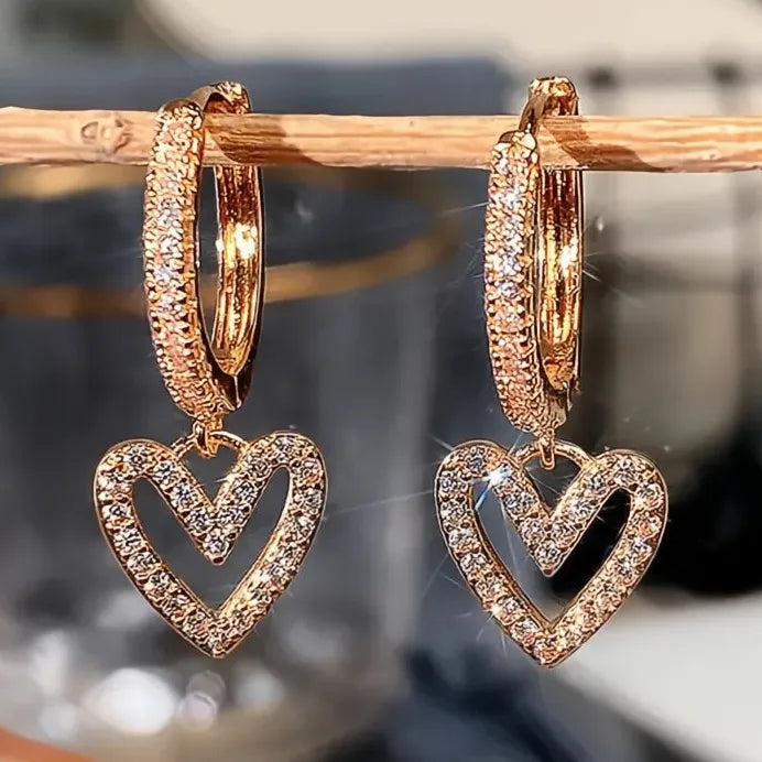 Heart Dangle Earrings with Shiny CZ Stone Korean Fashion Jewelry for Women