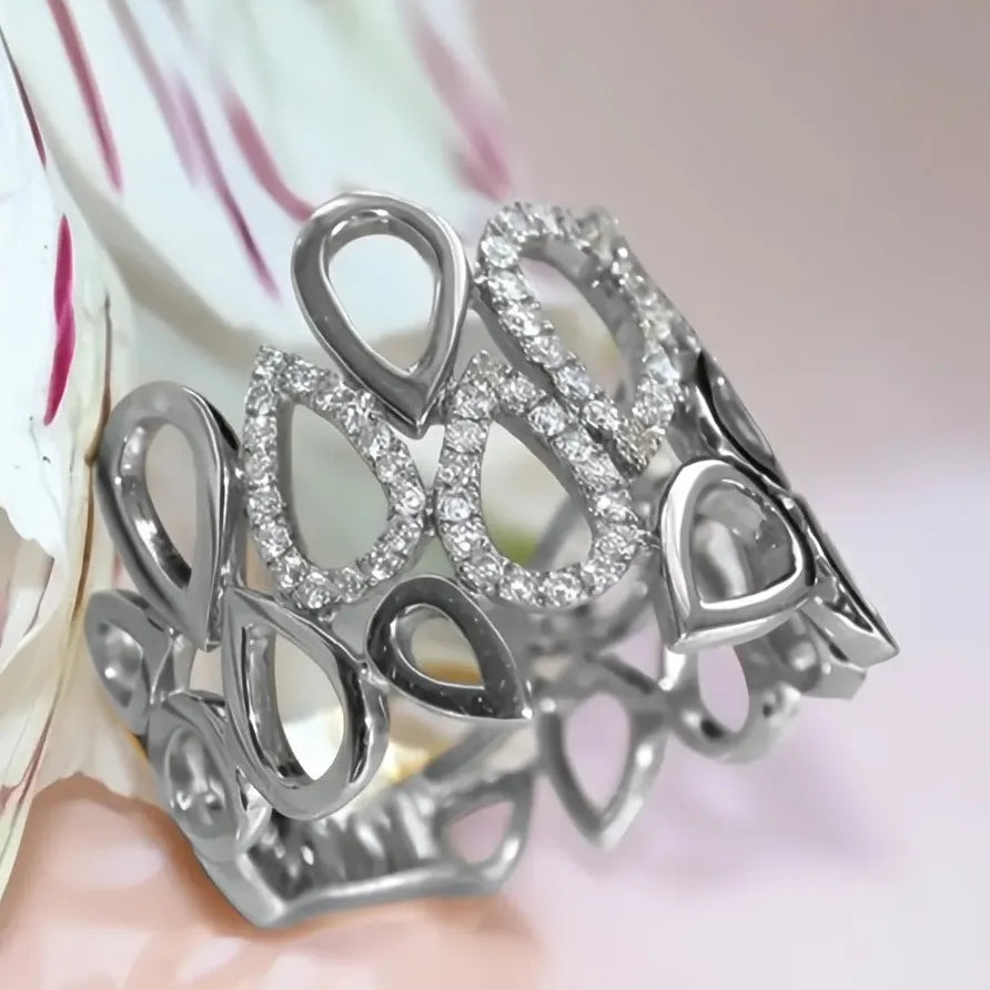 Women’s Water Drop Hollow Linked Silver CZ Ring for Party Wear