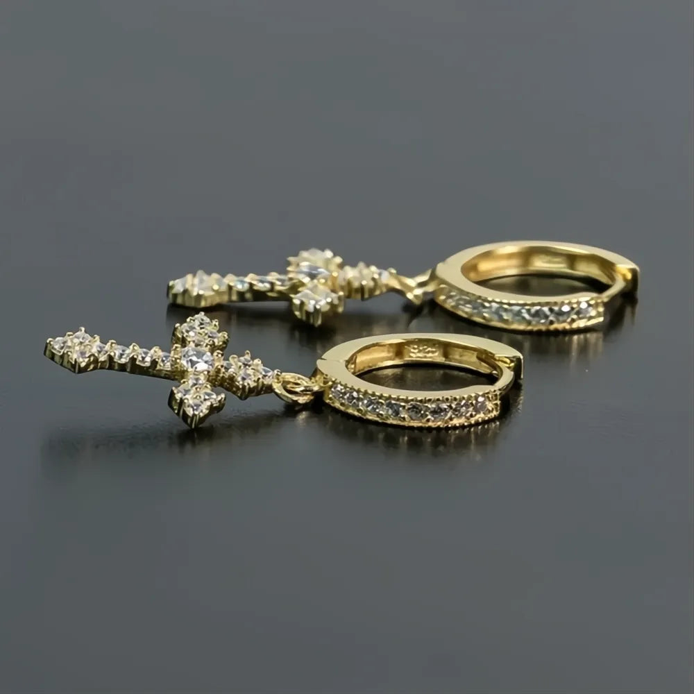 Stylish Arrow Cross Drop Earrings Unisex Cubic Zirconia Crystal Hiphop Fashion Jewelry
