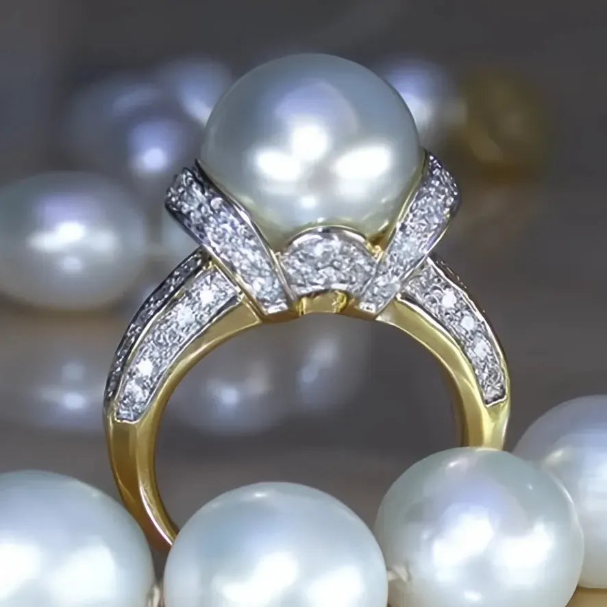 Elegant Gold Imitation Pearl Wedding Ring with Shiny CZ Cubic Zirconia for Women