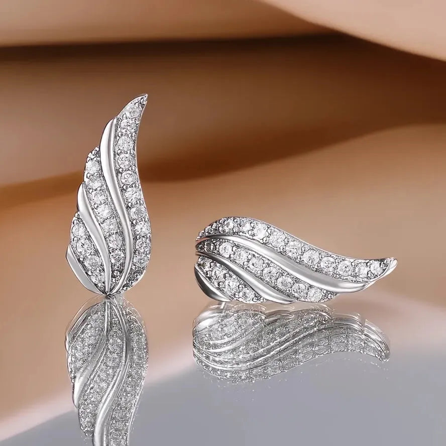Copper Wing Stud Earrings for Women with CZ Stone, Silver & Gold Color, Geometric Design Gift Jewelry