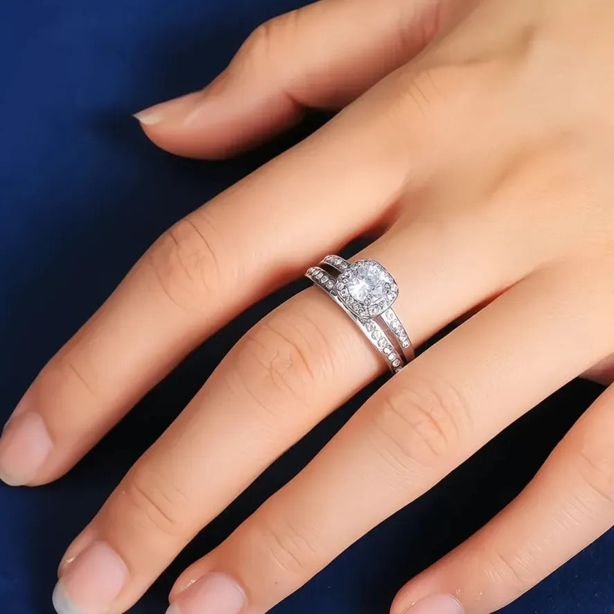 2PC Bridal Wedding Engagement Rings Zinc Alloy Cubic Zirconia Prong Setting Size 5-14