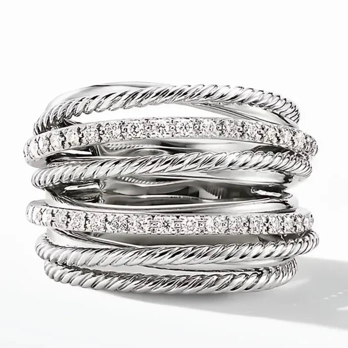 Silver Brass Geometric CZ Rings for Women Multiple Row Office Style Finger Rings