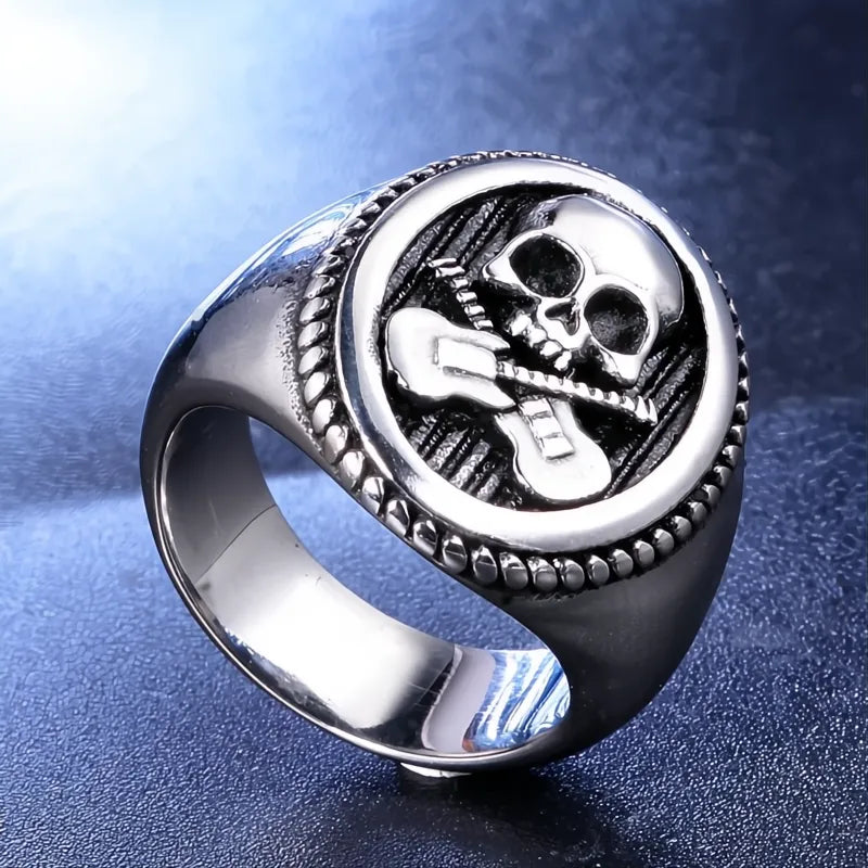 316L Stainless Steel Guitar Skull Ring Men Punk Rock Biker Signet Gold Silver Gift