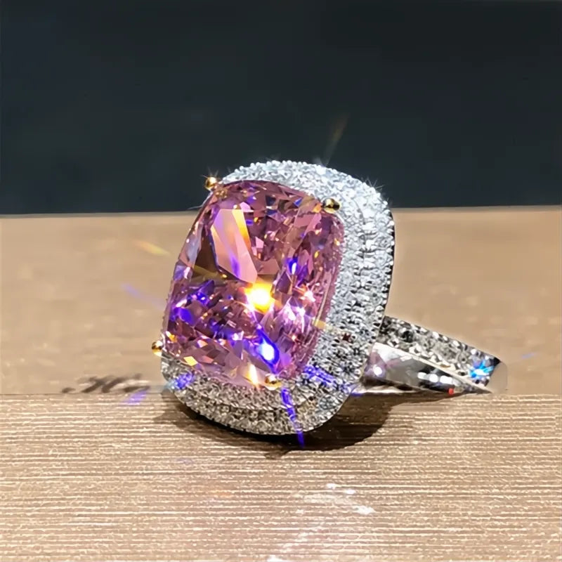 Personality Big Pink Cubic Zirconia Wedding Ring for Women Bridal Marriage Party Jewelry