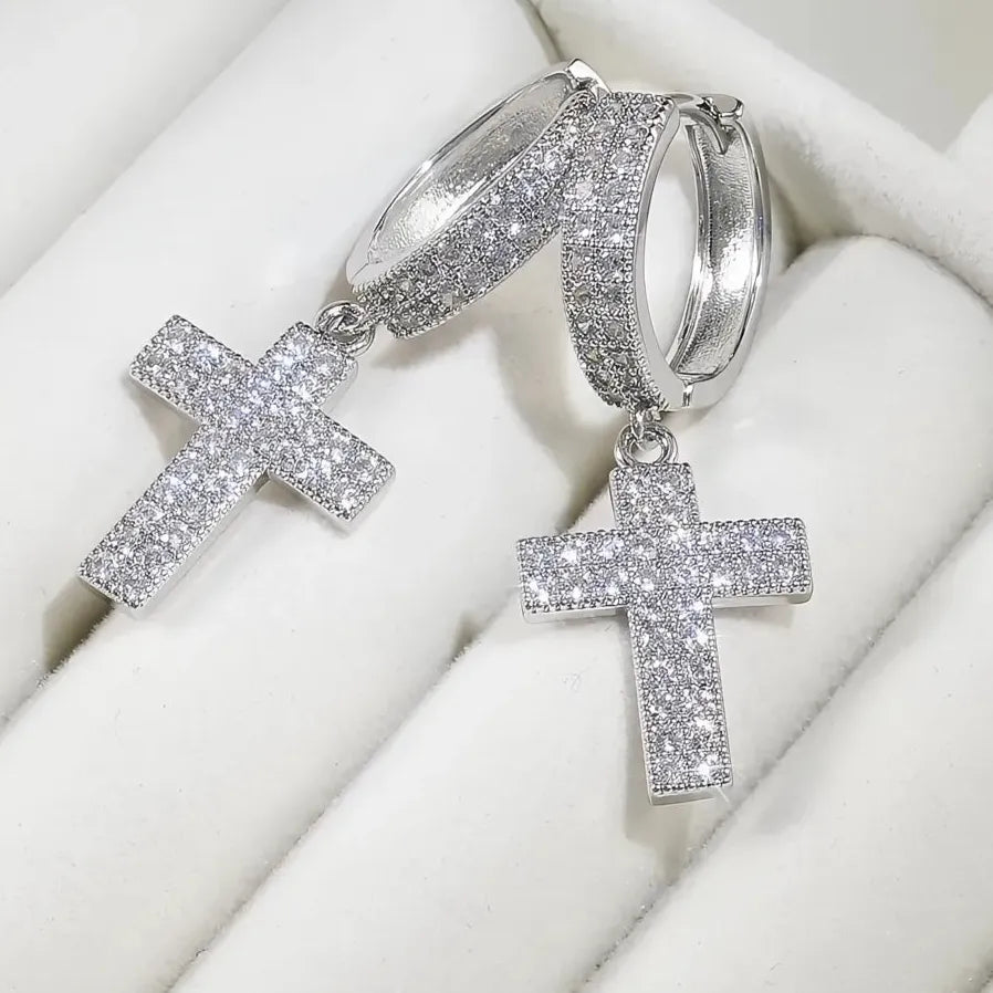 Luxury Korean Silver Cross Drop Earrings for Women with Cubic Zirconia