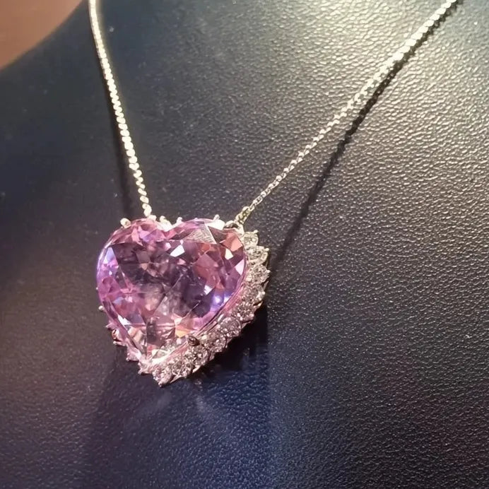 Pink Heart CZ Pendant Necklace Romantic Wedding Engagement Gift Jewelry