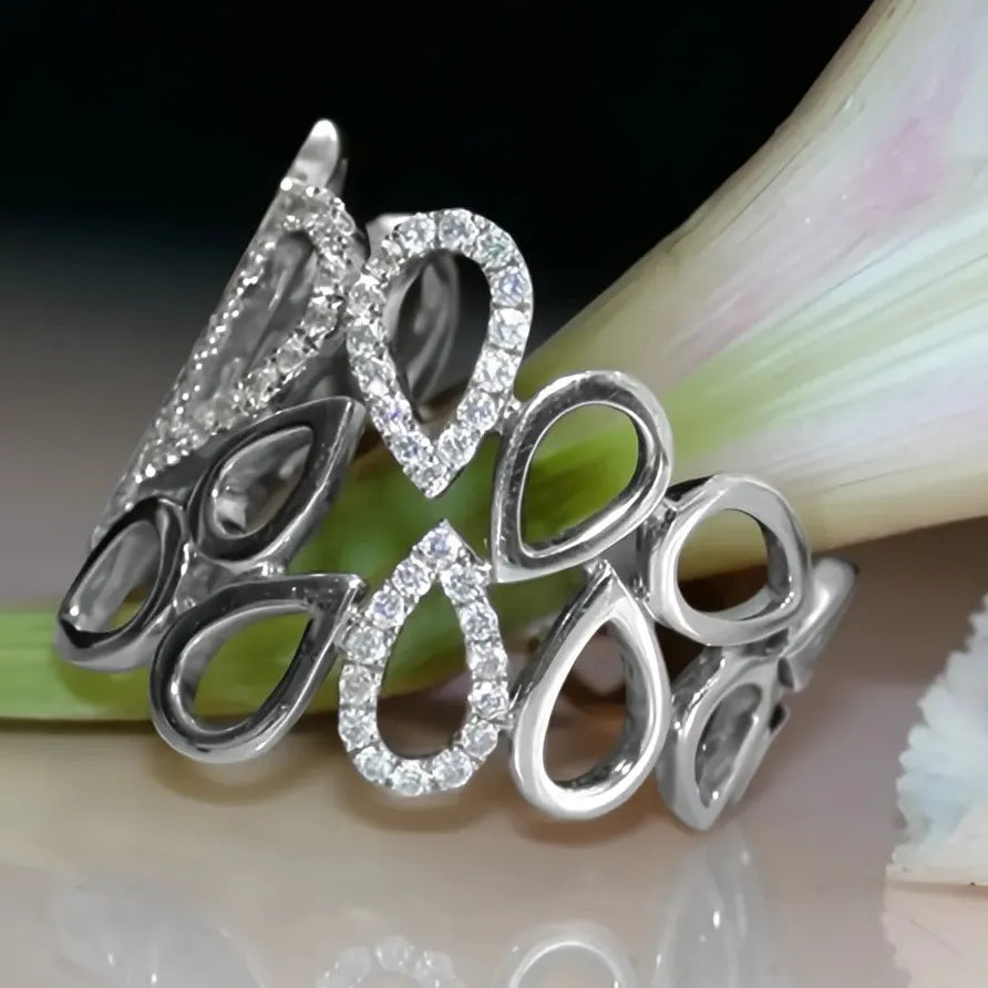 Women’s Water Drop Hollow Linked Silver CZ Ring for Party Wear