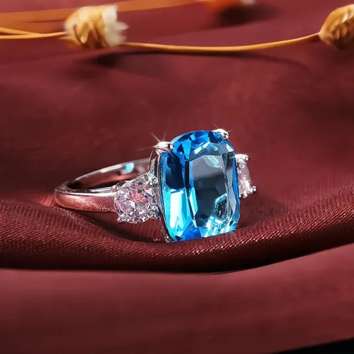 Bright Sky Blue Cubic Zirconia Geometric Brass Women’s Luxury Party Ring