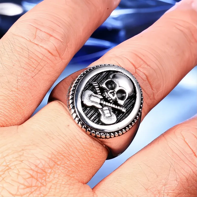 316L Stainless Steel Guitar Skull Ring Men Punk Rock Biker Signet Gold Silver Gift