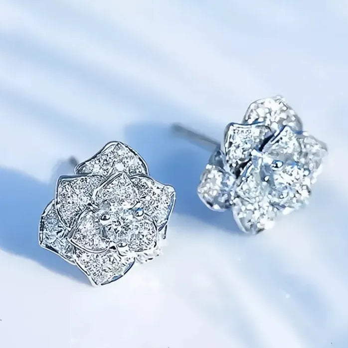 Geometric Cubic Zirconia Flower Stud Earrings for Women Silver Gift