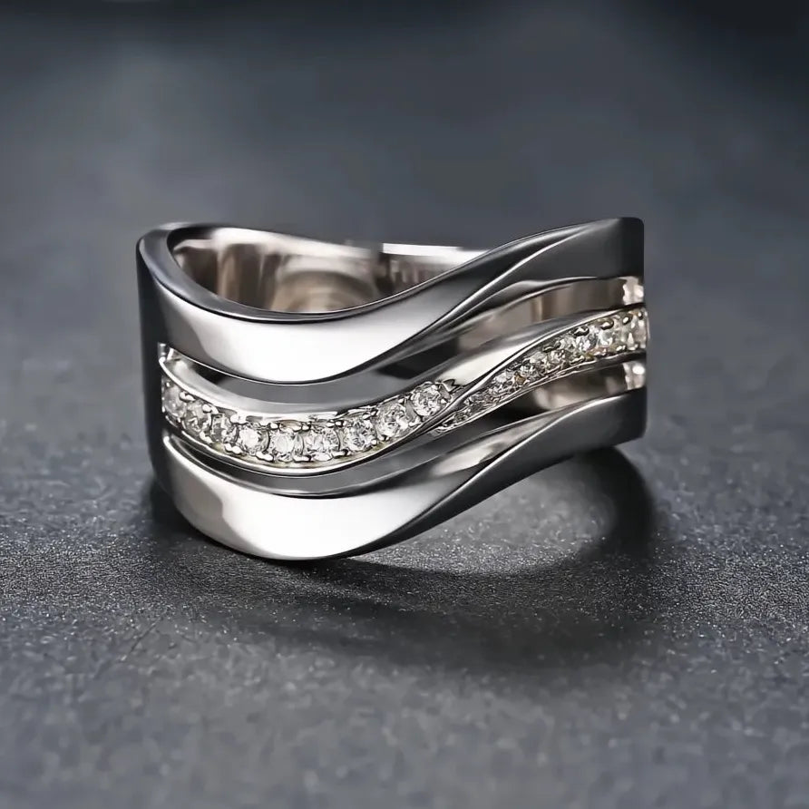 Elegant Silver Wave CZ Stone Ring for Women Party and Office Jewelry