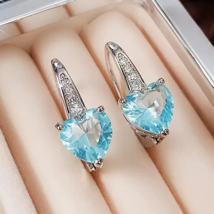 Blue Cubic Zirconia Heart Drop Earrings for Women Simple Elegant Wedding Jewelry Gift