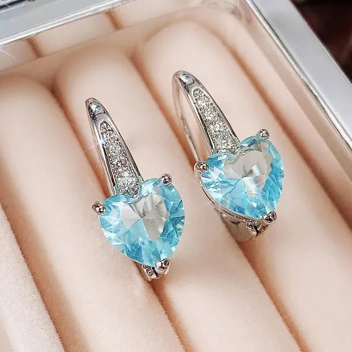 Silver Color Blue CZ Heart Earrings for Women Wedding Fashion Jewelry Gift