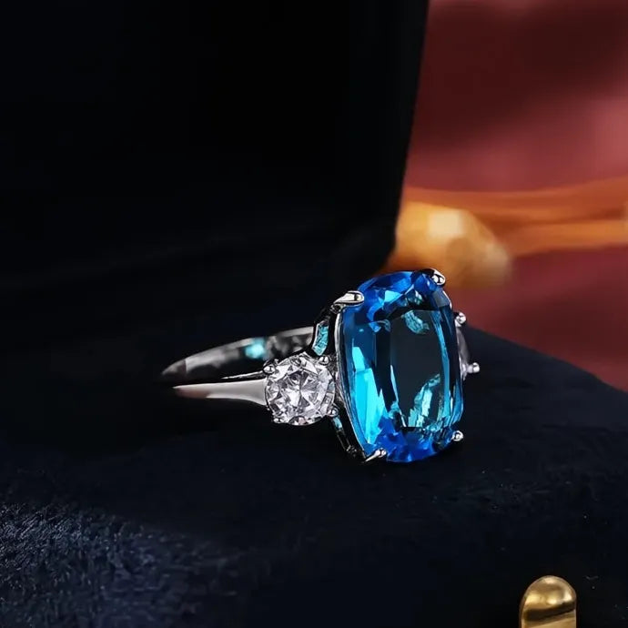 Bright Sky Blue Cubic Zirconia Geometric Brass Women’s Luxury Party Ring