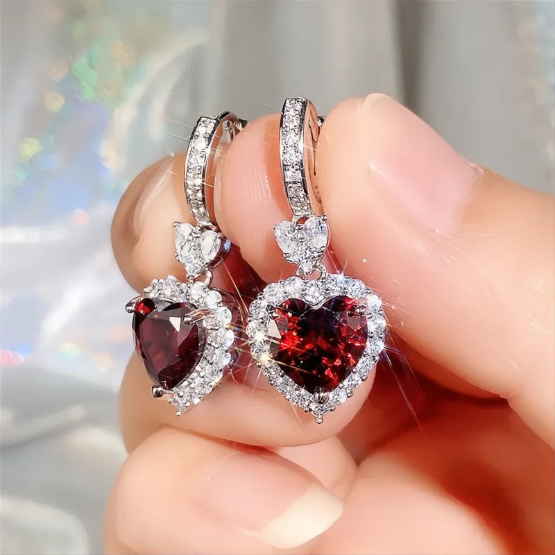 Blue Garnet Heart Cubic Zirconia Drop Earrings for Women Wedding Engagement Jewelry