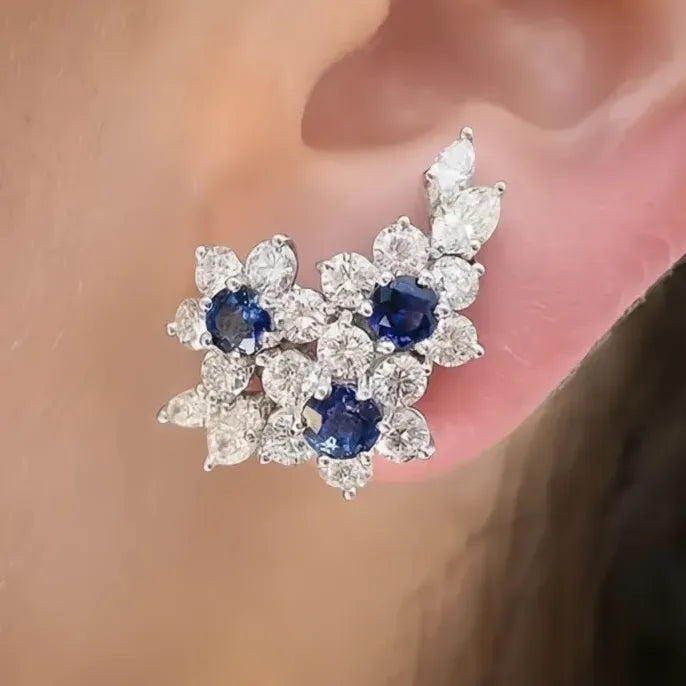 Gorgeous Women's Blue White Round Cubic Zirconia Stud Earrings Luxury Wedding Party Jewelry