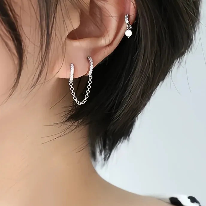 One PCS Two Hole Hoop Earrings for Women Cubic Zirconia Crystal Copper Chain Jewelry