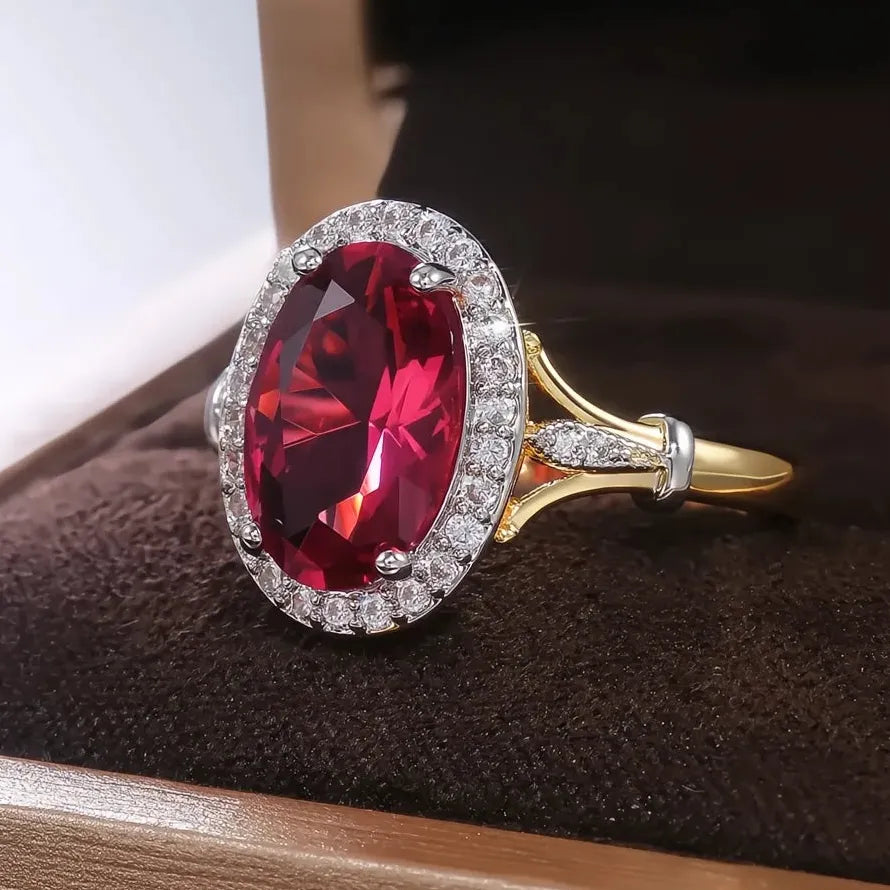 Elegant Women’s Wedding Party Oval Red CZ Two-Tone Brass Ring Gift