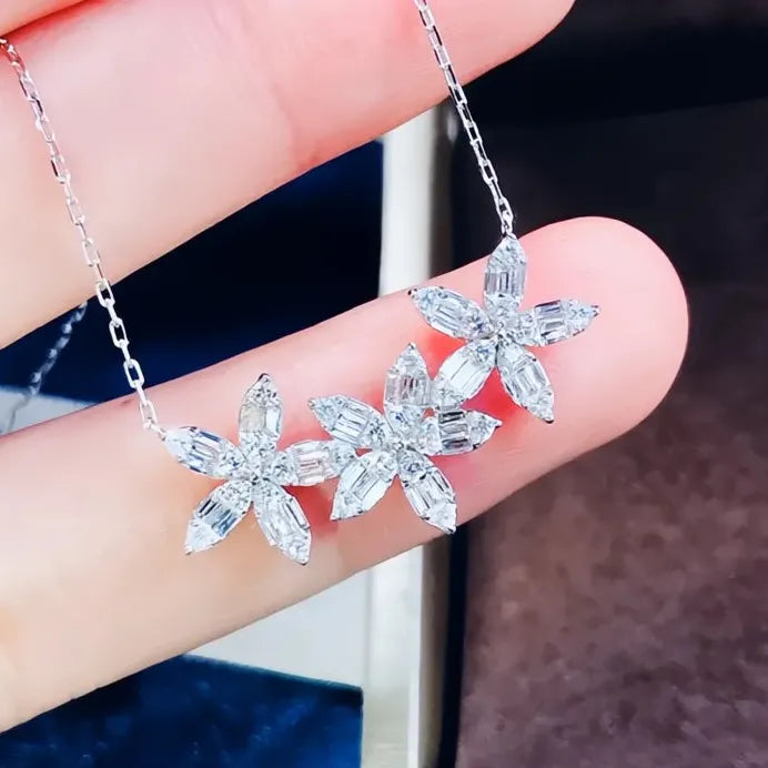 Elegant Three-Flower Cubic Zirconia Necklace for Women Bridal Jewelry