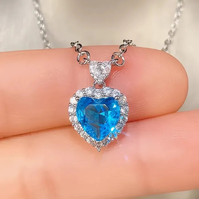 Blue Garnet Heart CZ Pendant Necklace Luxury Wedding Engagement Gift