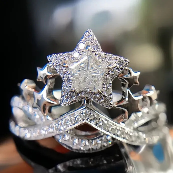 Women's Star Design Brass Ring with Cubic Zirconia Geometric Wedding Band Gift