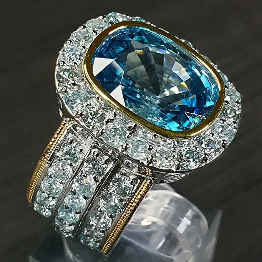 Women Two Tone Big Sky Blue Stone Ring Brass CZ Geometric Party Gift