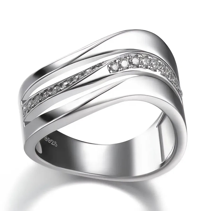 Elegant Silver Wave CZ Stone Ring for Women Party and Office Jewelry