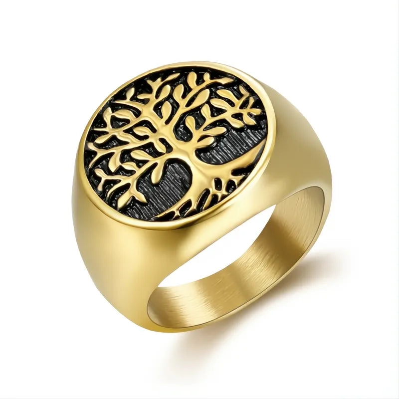 Classic Tree of Life Viking Signet Ring 316L Stainless Steel Gold Silver Men US 7-15